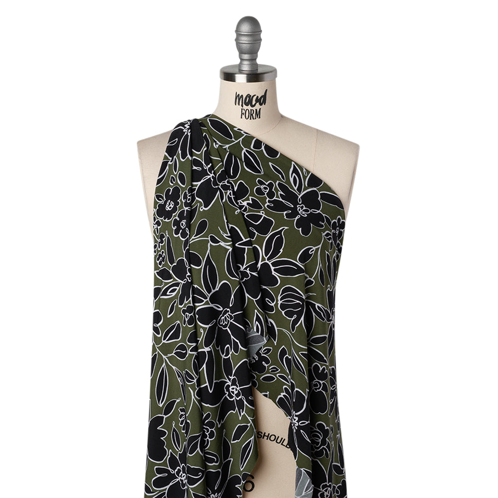 Stretch Polyester Tricot Print - Moss Green and Black Floral Doodles - Designer Deadstock - Drape Stretch Polyester Tricot Print - Moss Green and Black Floral Doodles - Designer Deadstock - Drape