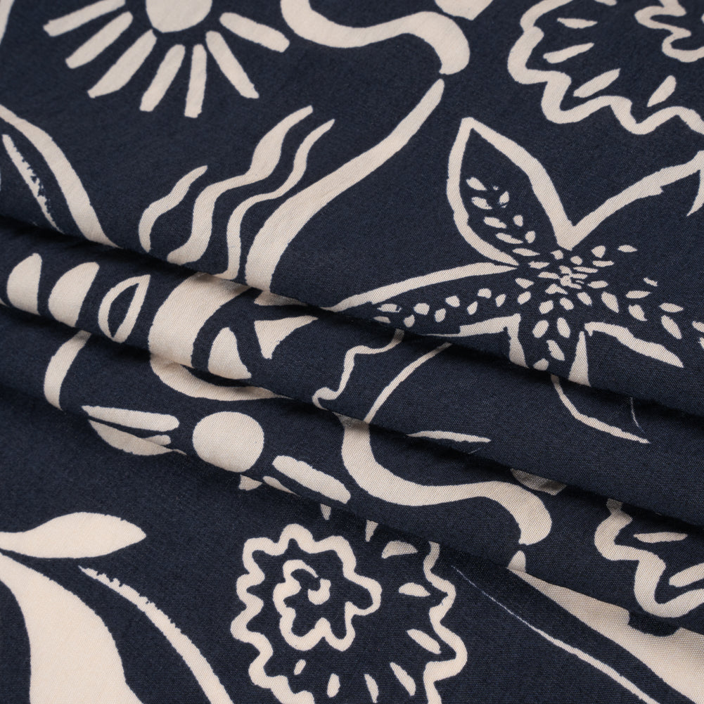 Rayon and Nylon Woven Print - Dark Navy Blue and Light Tan Simple Plants - Designer Deadstock Folded Rayon and Nylon Woven Print - Dark Navy Blue and Light Tan Simple Plants - Designer Deadstock Folded