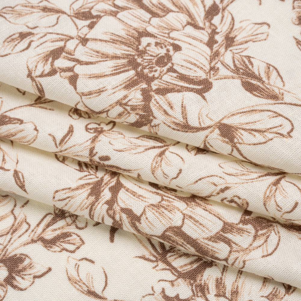 Linen and Rayon Woven Print - Chocolate Brown and Natural Cream Floral - Deadstock - Folded Linen and Rayon Woven Print - Chocolate Brown and Natural Cream Floral - Deadstock - Folded
