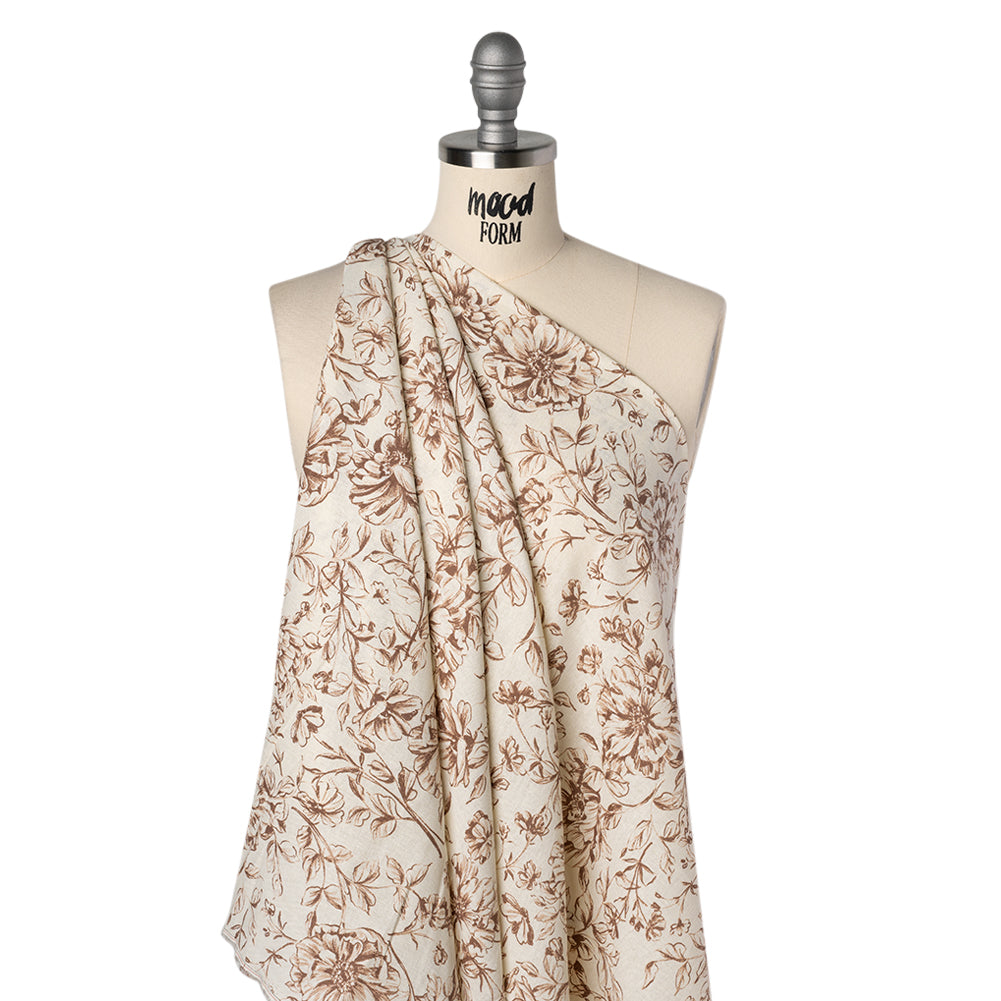 Linen and Rayon Woven Print - Chocolate Brown and Natural Cream Floral - Deadstock - Drape Linen and Rayon Woven Print - Chocolate Brown and Natural Cream Floral - Deadstock - Drape