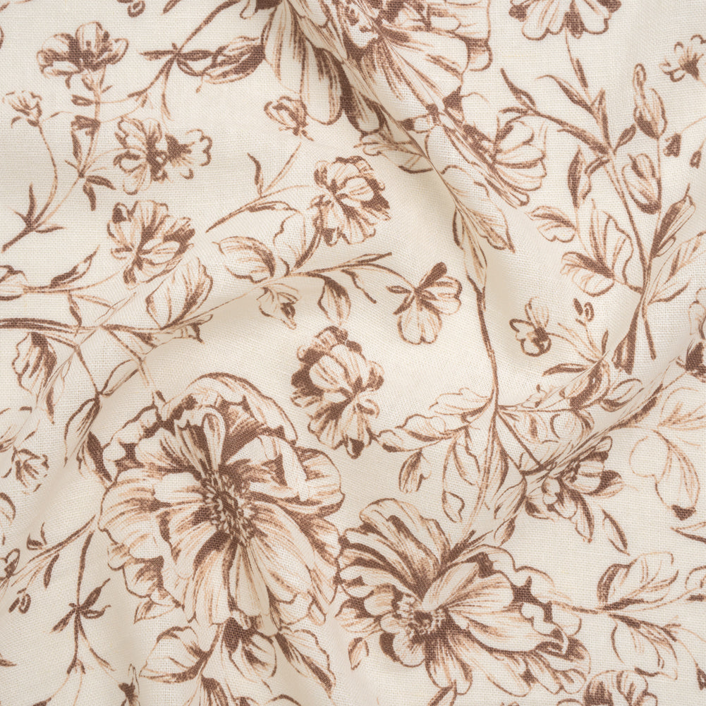 Linen and Rayon Woven Print - Chocolate Brown and Natural Cream Floral - Deadstock Linen and Rayon Woven Print - Chocolate Brown and Natural Cream Floral - Deadstock
