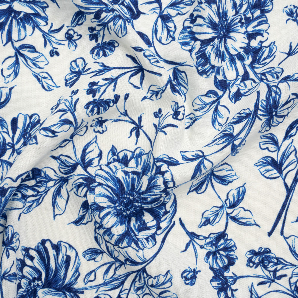 Linen and Rayon Woven Print - Rich Royal Blue and White Floral - Deadstock Linen and Rayon Woven Print - Rich Royal Blue and White Floral - Deadstock