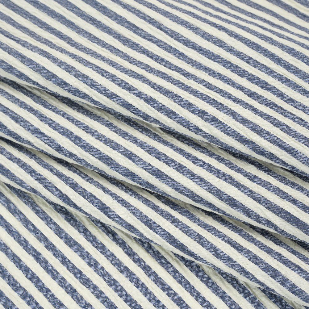 Polyester and Rayon Seersucker - Dusty Denim Blue and White Candy Stripes - Deadstock - Folded Polyester and Rayon Seersucker - Dusty Denim Blue and White Candy Stripes - Deadstock - Folded