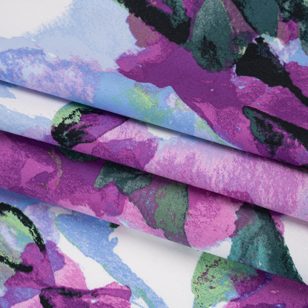 Stretch Cotton Sateen Panel - Orchid Purple, Periwinkle Blue and Green Watercolor Floral - Designer Deadstock - Folded Stretch Cotton Sateen Panel - Orchid Purple, Periwinkle Blue and Green Watercolor Floral - Designer Deadstock - Folded