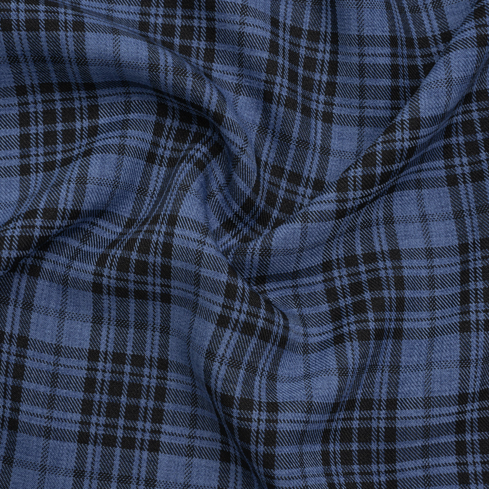 Polyester Twill - Denim Blue and Black Tartan Plaid - Deadstock Polyester Twill - Denim Blue and Black Tartan Plaid - Deadstock
