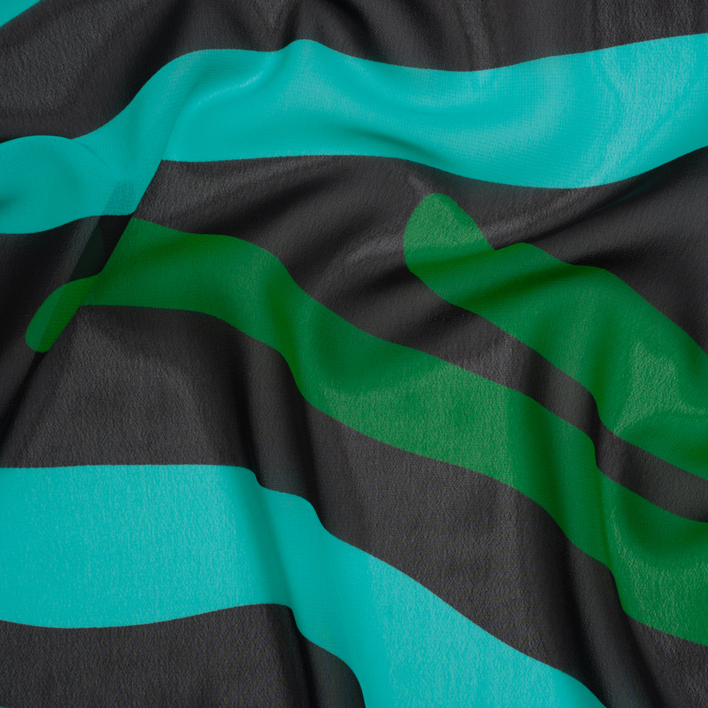 Polyester Chiffon Print - Aqua Blue, Kelly Green and Black Abstract Shapes - Designer Deadstock Polyester Chiffon Print - Aqua Blue, Kelly Green and Black Abstract Shapes - Designer Deadstock
