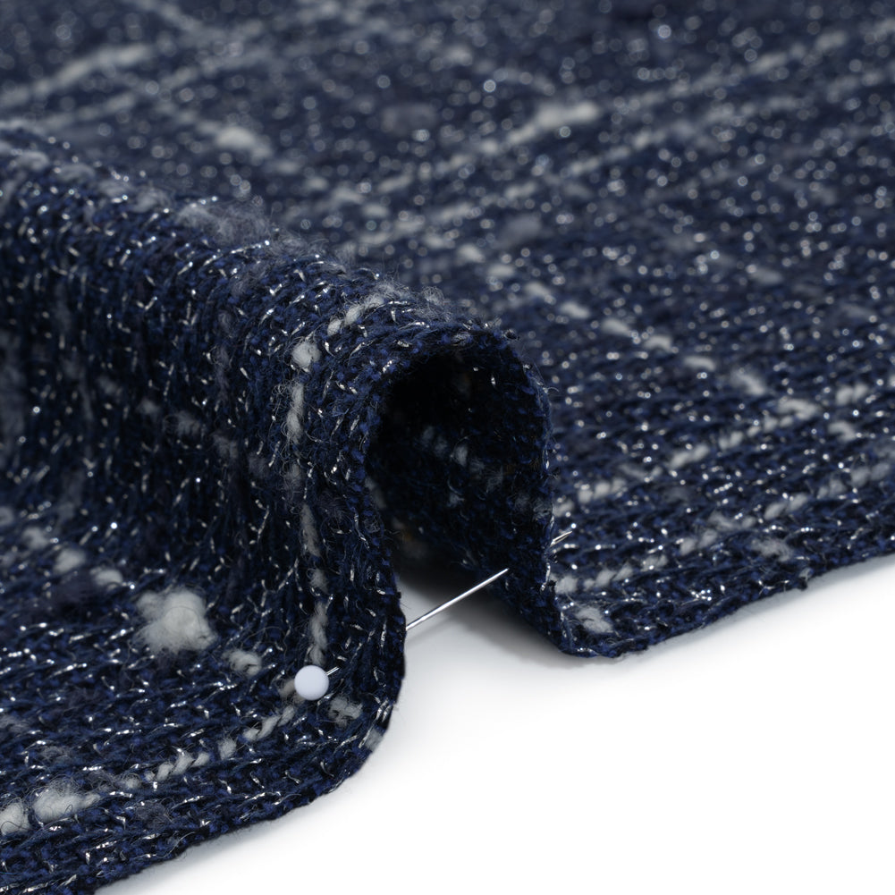 Metallic Wool Blend Tweedy Twill Boucle Made in Italy - Navy Blue, White and Silver Plaid - Deadstock Metallic Wool Blend Tweedy Twill Boucle Made in Italy - Navy Blue, White and Silver Plaid - Deadstock