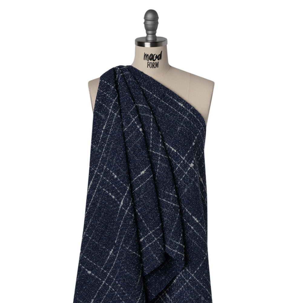Metallic Wool Blend Tweedy Twill Boucle Made in Italy - Navy Blue, White and Silver Plaid - Deadstock Metallic Wool Blend Tweedy Twill Boucle Made in Italy - Navy Blue, White and Silver Plaid - Deadstock