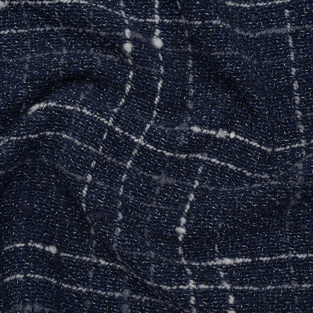Metallic Wool Blend Tweedy Twill Boucle Made in Italy - Navy Blue, White and Silver Plaid - Deadstock Metallic Wool Blend Tweedy Twill Boucle Made in Italy - Navy Blue, White and Silver Plaid - Deadstock