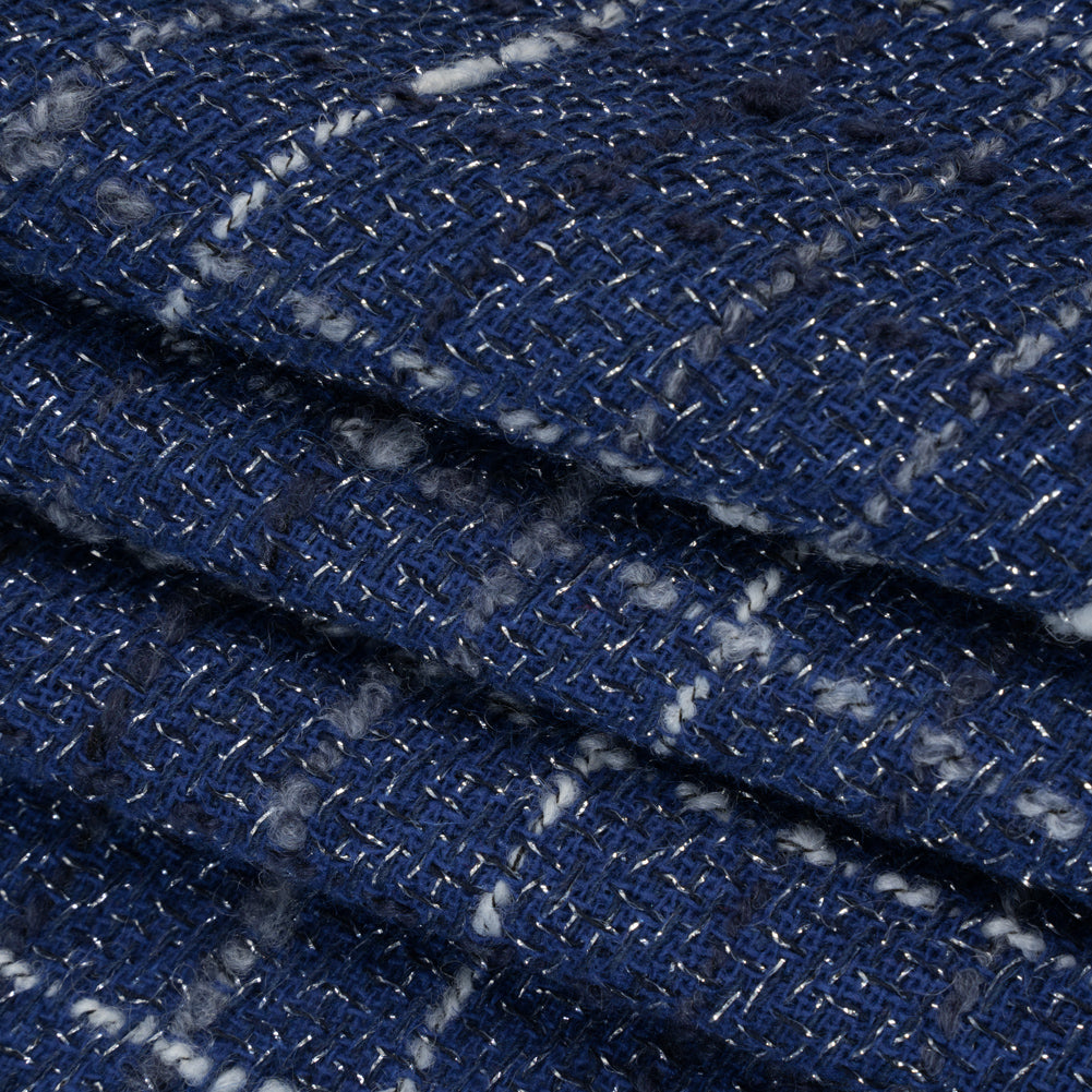 Metallic Wool Blend Tweedy Twill Boucle Made in Italy - Cobalt Blue, White and Silver Plaid - Deadstock Metallic Wool Blend Tweedy Twill Boucle Made in Italy - Cobalt Blue, White and Silver Plaid - Deadstock