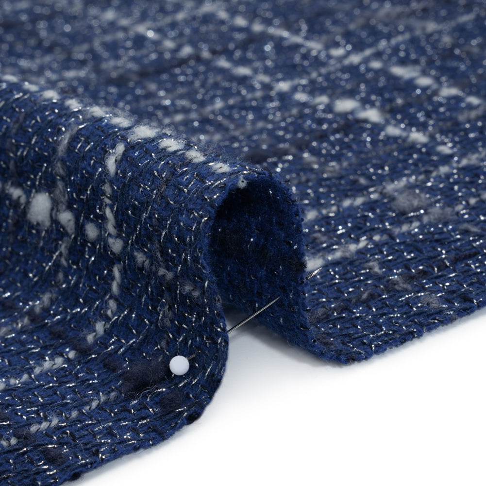 Metallic Wool Blend Tweedy Twill Boucle Made in Italy - Cobalt Blue, White and Silver Plaid - Deadstock Metallic Wool Blend Tweedy Twill Boucle Made in Italy - Cobalt Blue, White and Silver Plaid - Deadstock