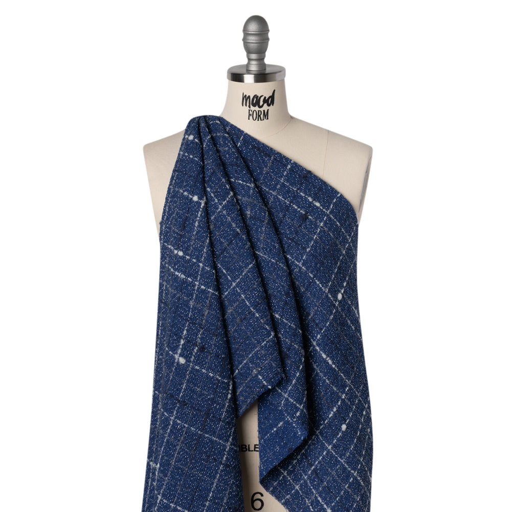 Metallic Wool Blend Tweedy Twill Boucle Made in Italy - Cobalt Blue, White and Silver Plaid - Deadstock Metallic Wool Blend Tweedy Twill Boucle Made in Italy - Cobalt Blue, White and Silver Plaid - Deadstock