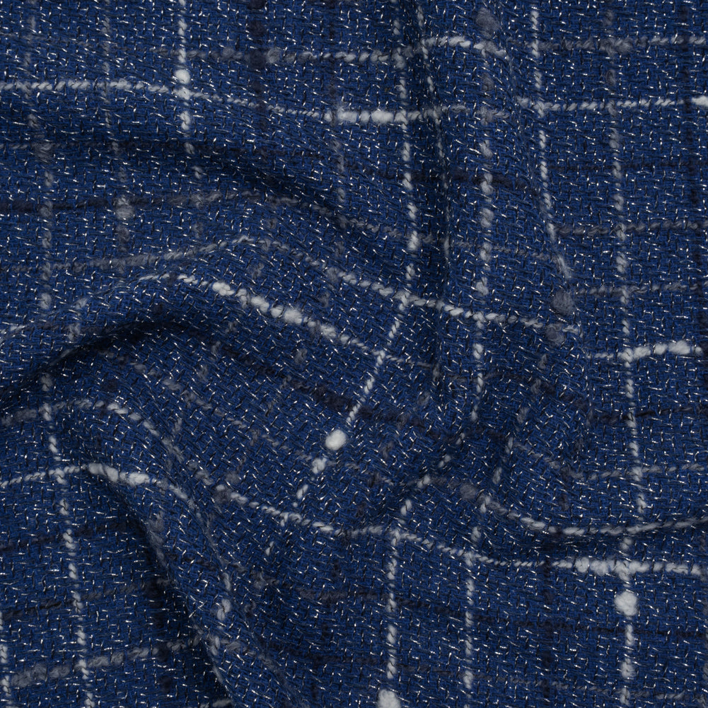 Metallic Wool Blend Tweedy Twill Boucle Made in Italy - Cobalt Blue, White and Silver Plaid - Deadstock Metallic Wool Blend Tweedy Twill Boucle Made in Italy - Cobalt Blue, White and Silver Plaid - Deadstock