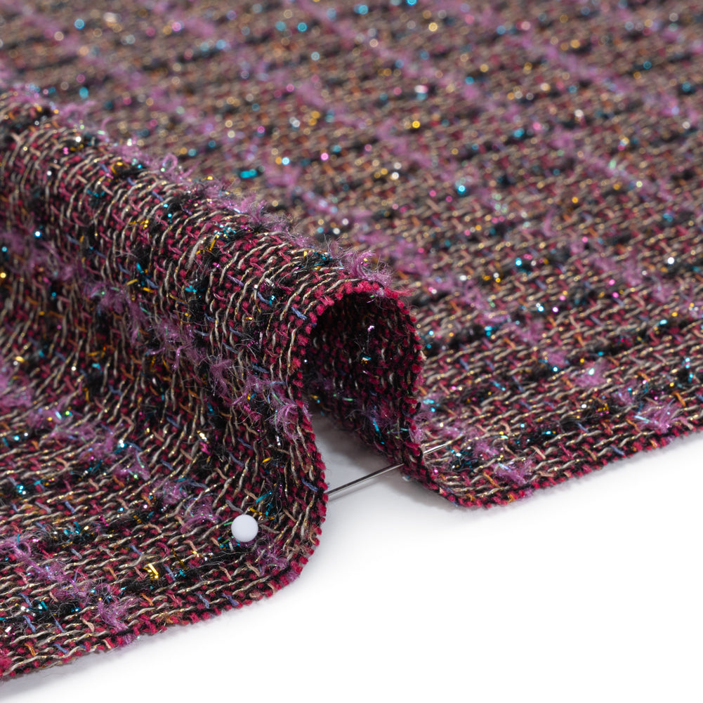 Metallic Wool Blend Tweed Woven with Eyelash Fringe Made in Italy - Purple, Black and Pink Checks - Deadstock Metallic Wool Blend Tweed Woven with Eyelash Fringe Made in Italy - Purple, Black and Pink Checks - Deadstock