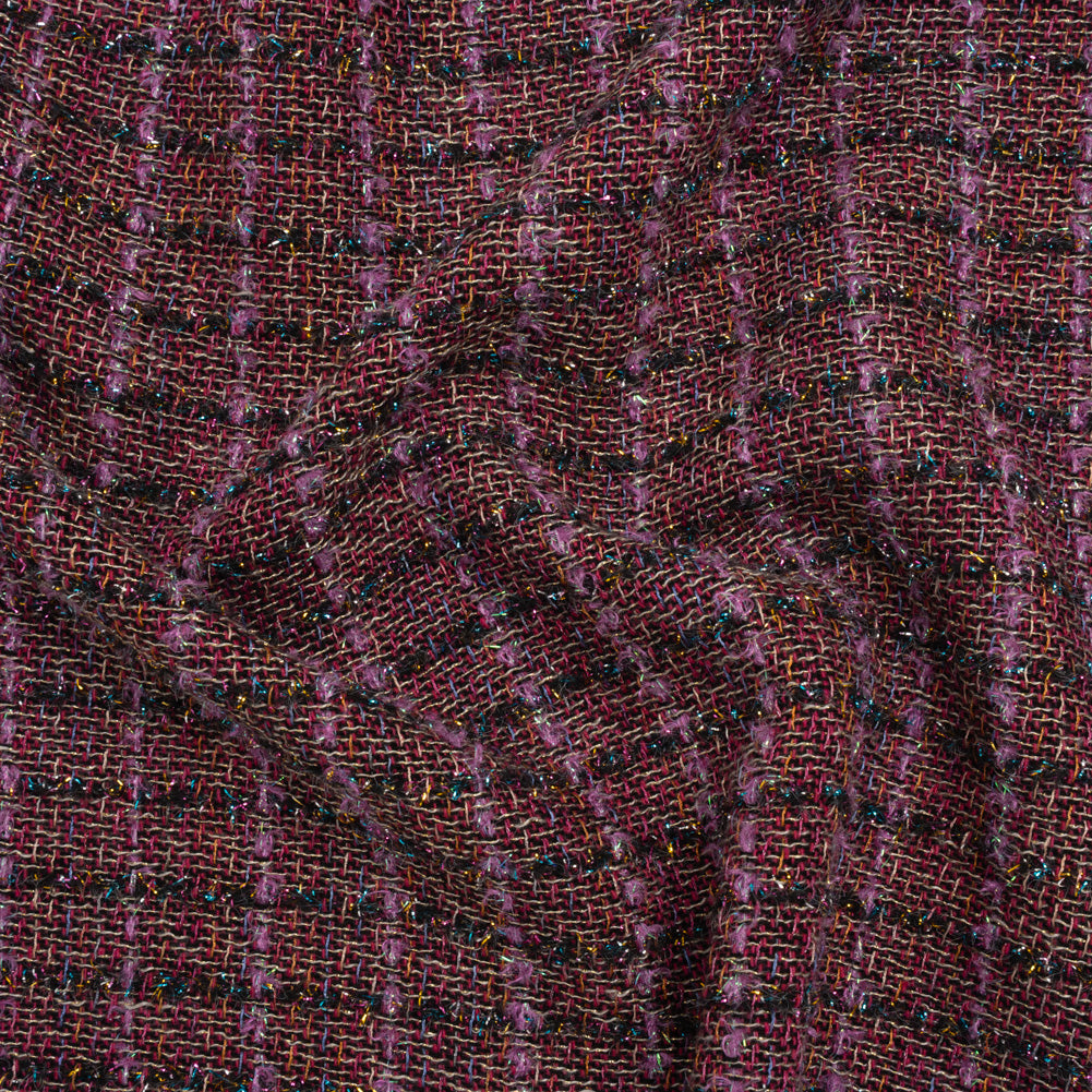 Metallic Wool Blend Tweed Woven with Eyelash Fringe Made in Italy - Purple, Black and Pink Checks - Deadstock Metallic Wool Blend Tweed Woven with Eyelash Fringe Made in Italy - Purple, Black and Pink Checks - Deadstock