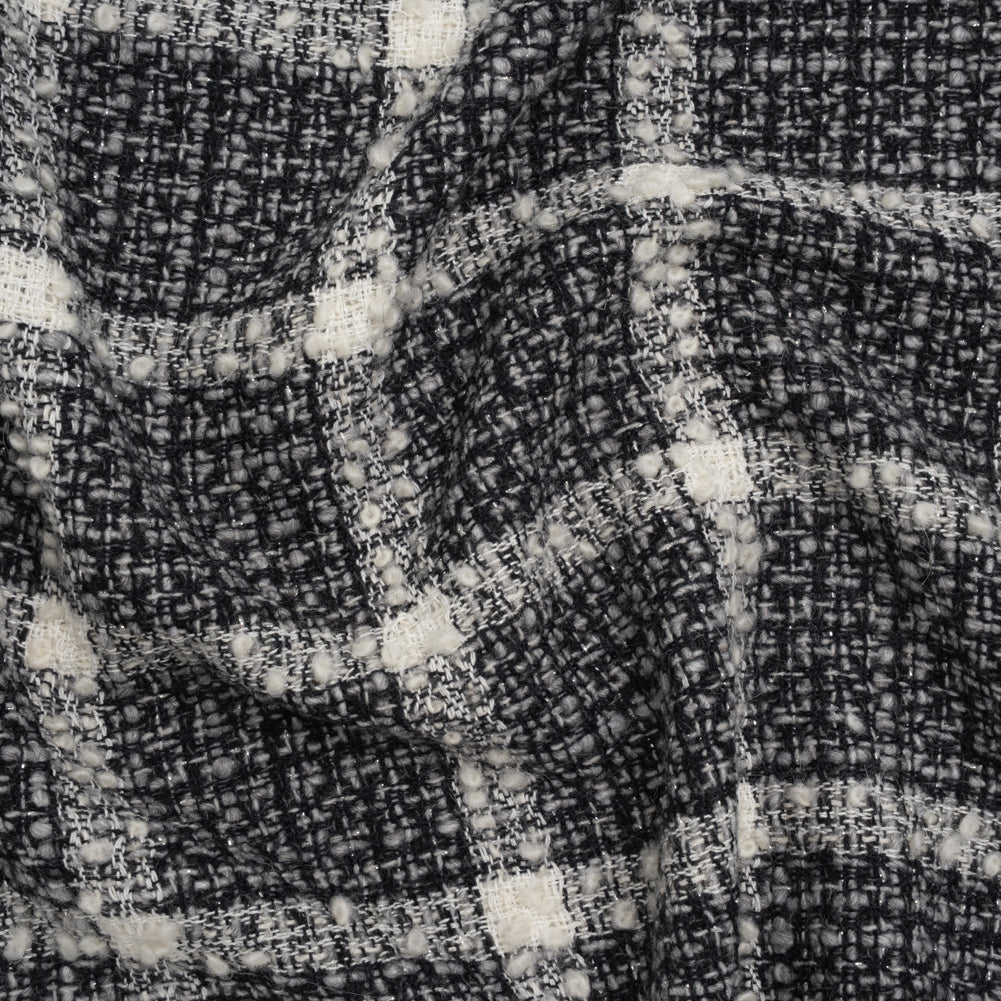 Metallic Wool Blend Tweedy Boucle Made in Italy - Black, Gray and Ivory Windowpane Checks - Deadstock Metallic Wool Blend Tweedy Boucle Made in Italy - Black, Gray and Ivory Windowpane Checks - Deadstock
