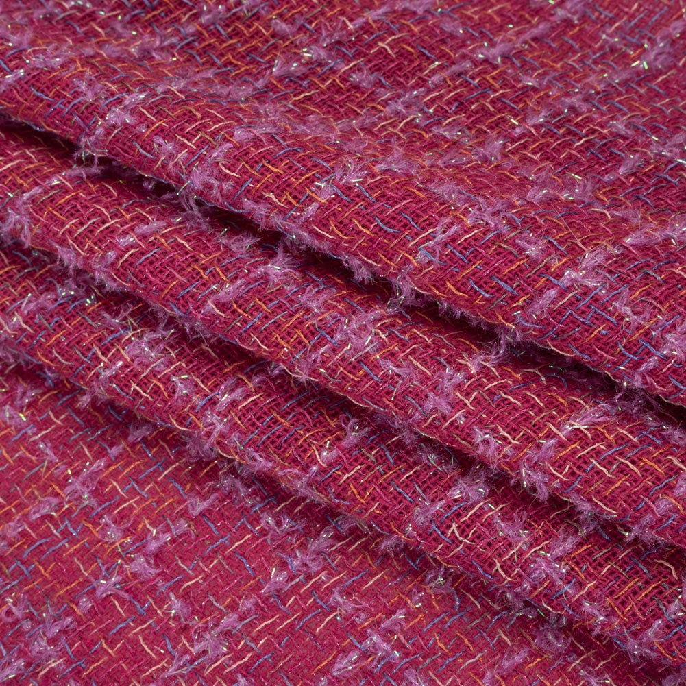 Metallic Wool Blend Tweed Woven with Eyelash Fringe Made in Italy - Pink, Orchid and Iridescent Checks - Deadstock Metallic Wool Blend Tweed Woven with Eyelash Fringe Made in Italy - Pink, Orchid and Iridescent Checks - Deadstock
