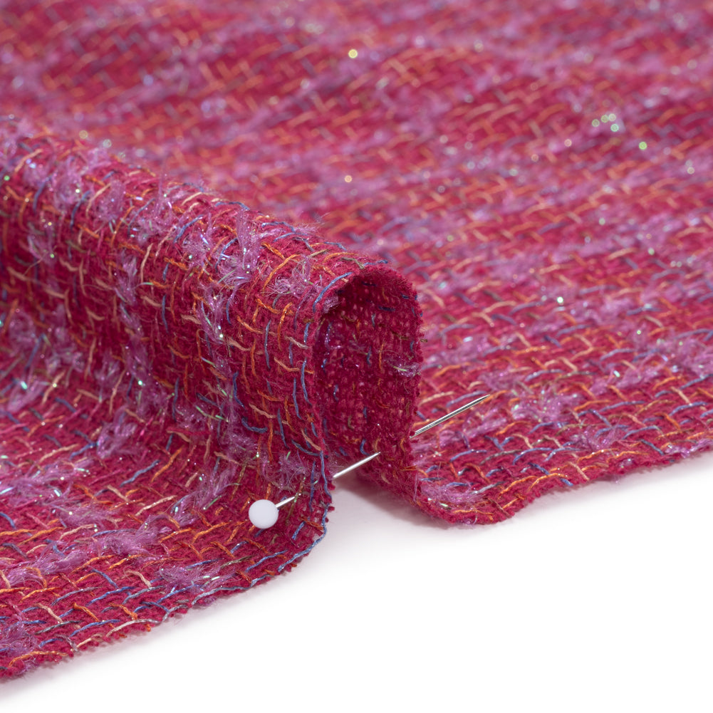 Metallic Wool Blend Tweed Woven with Eyelash Fringe Made in Italy - Pink, Orchid and Iridescent Checks - Deadstock Metallic Wool Blend Tweed Woven with Eyelash Fringe Made in Italy - Pink, Orchid and Iridescent Checks - Deadstock