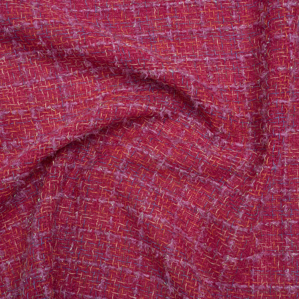 Metallic Wool Blend Tweed Woven with Eyelash Fringe Made in Italy - Pink, Orchid and Iridescent Checks - Deadstock Metallic Wool Blend Tweed Woven with Eyelash Fringe Made in Italy - Pink, Orchid and Iridescent Checks - Deadstock
