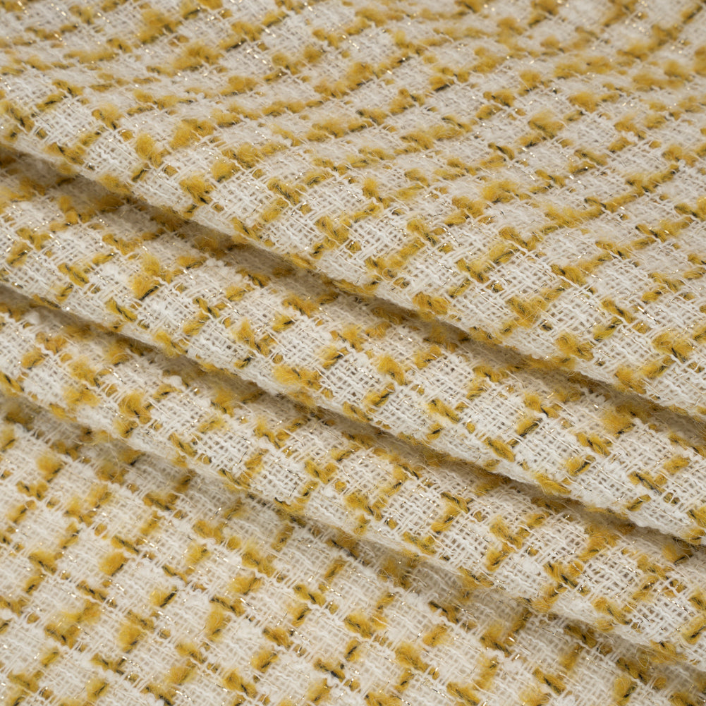 Metallic Wool Blend Tweed Boucle Made in Italy - White, Sunflower Yellow and Gold Checks - Deadstock Metallic Wool Blend Tweed Boucle Made in Italy - White, Sunflower Yellow and Gold Checks - Deadstock