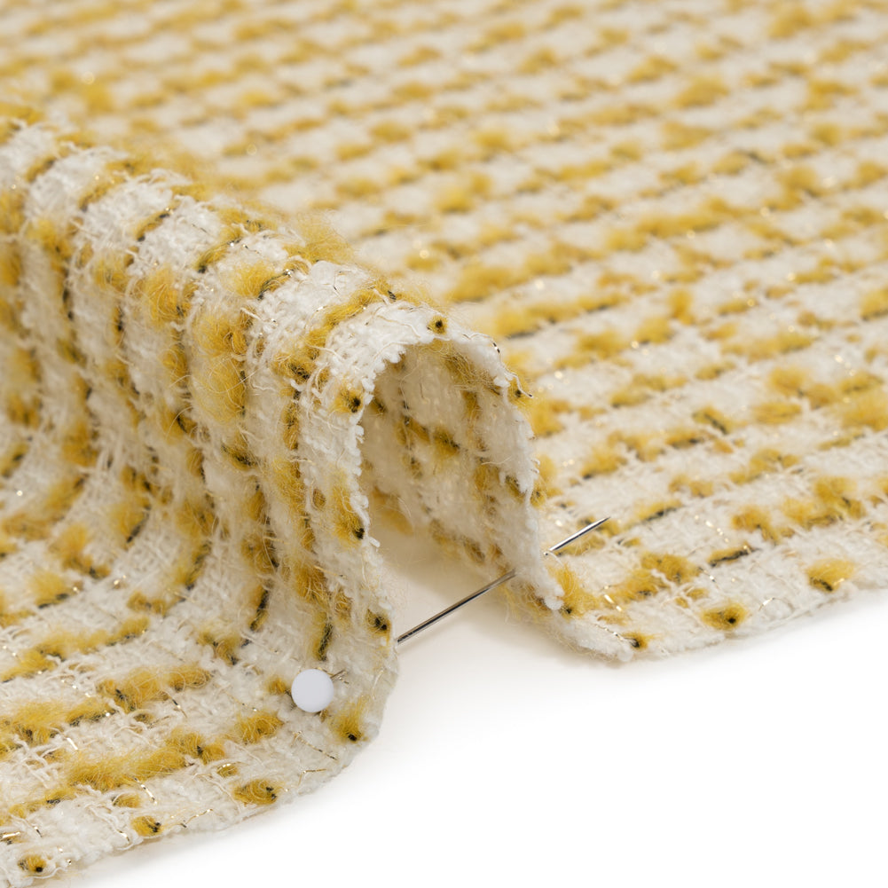 Metallic Wool Blend Tweed Boucle Made in Italy - White, Sunflower Yellow and Gold Checks - Deadstock Metallic Wool Blend Tweed Boucle Made in Italy - White, Sunflower Yellow and Gold Checks - Deadstock