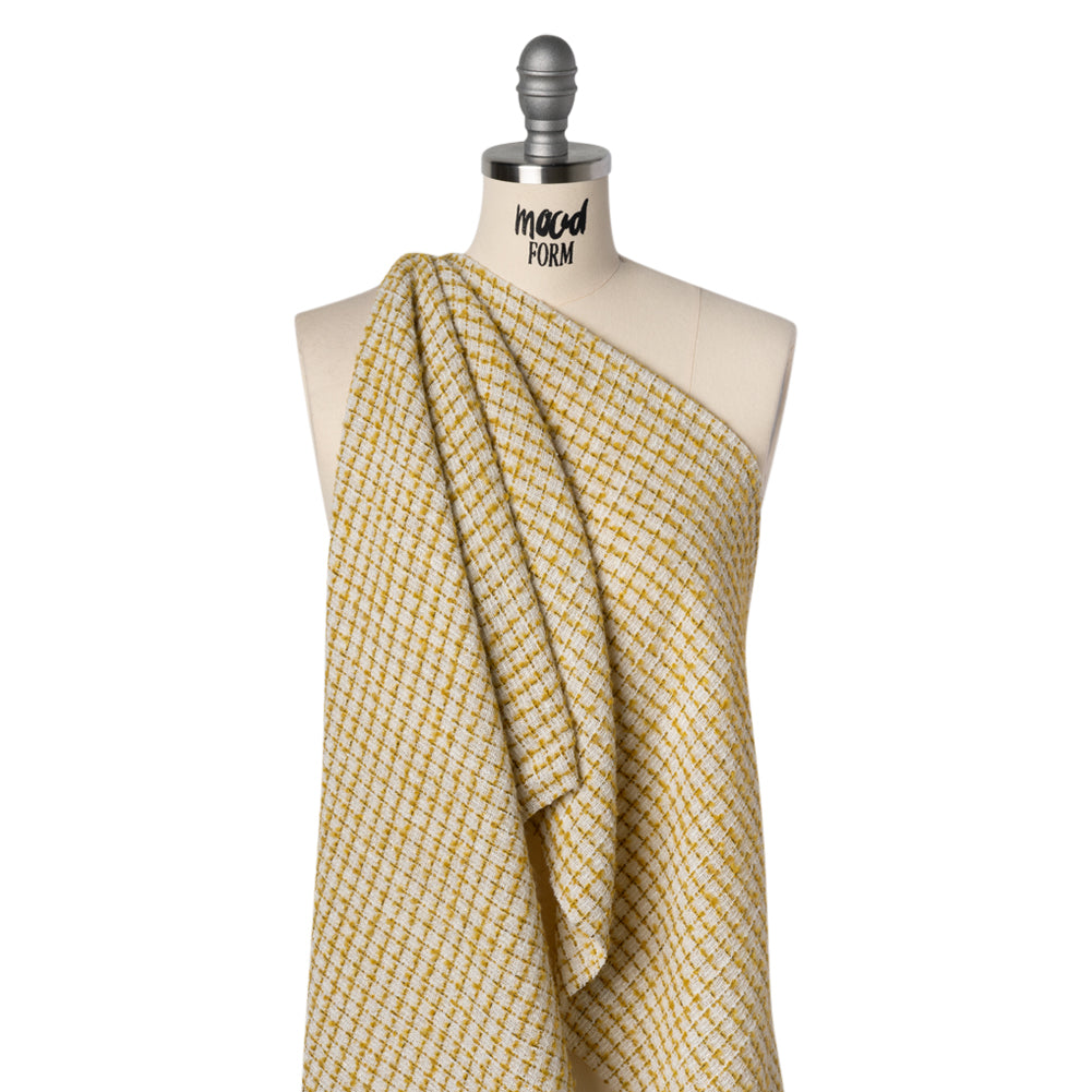 Metallic Wool Blend Tweed Boucle Made in Italy - White, Sunflower Yellow and Gold Checks - Deadstock Metallic Wool Blend Tweed Boucle Made in Italy - White, Sunflower Yellow and Gold Checks - Deadstock