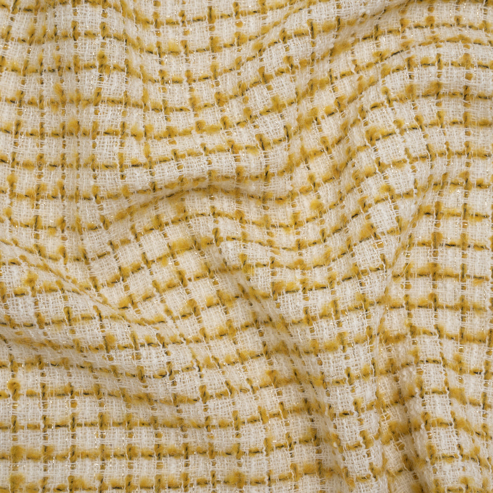 Metallic Wool Blend Tweed Boucle Made in Italy - White, Sunflower Yellow and Gold Checks - Deadstock Metallic Wool Blend Tweed Boucle Made in Italy - White, Sunflower Yellow and Gold Checks - Deadstock