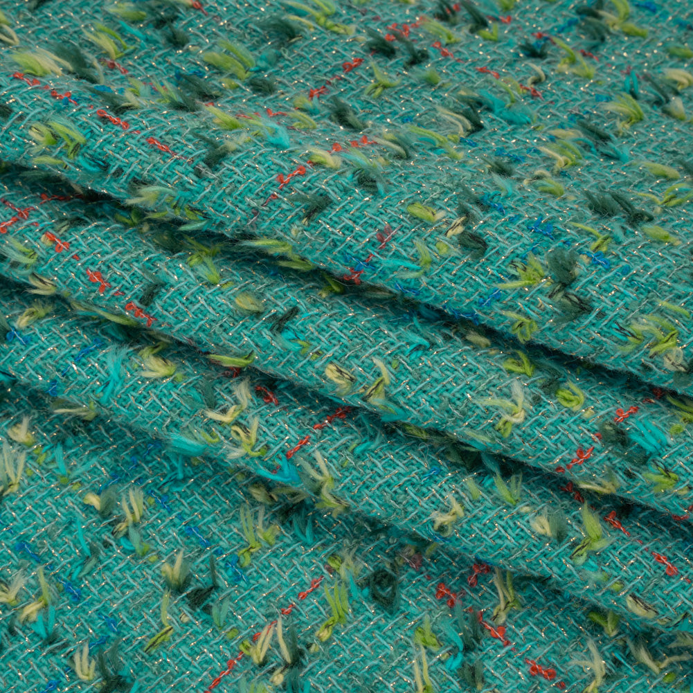 Metallic Wool Blend Tweed with Fringe-Like Inclusions Made in Italy - Teal, Green and Gold Checks - Deadstock Metallic Wool Blend Tweed with Fringe-Like Inclusions Made in Italy - Teal, Green and Gold Checks - Deadstock