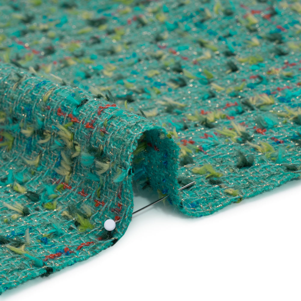 Metallic Wool Blend Tweed with Fringe-Like Inclusions Made in Italy - Teal, Green and Gold Checks - Deadstock Metallic Wool Blend Tweed with Fringe-Like Inclusions Made in Italy - Teal, Green and Gold Checks - Deadstock
