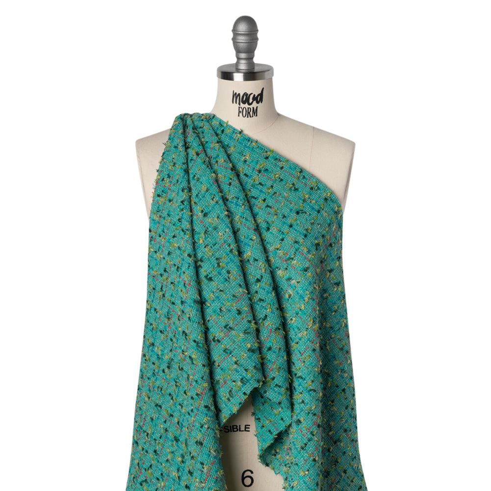 Metallic Wool Blend Tweed with Fringe-Like Inclusions Made in Italy - Teal, Green and Gold Checks - Deadstock Metallic Wool Blend Tweed with Fringe-Like Inclusions Made in Italy - Teal, Green and Gold Checks - Deadstock