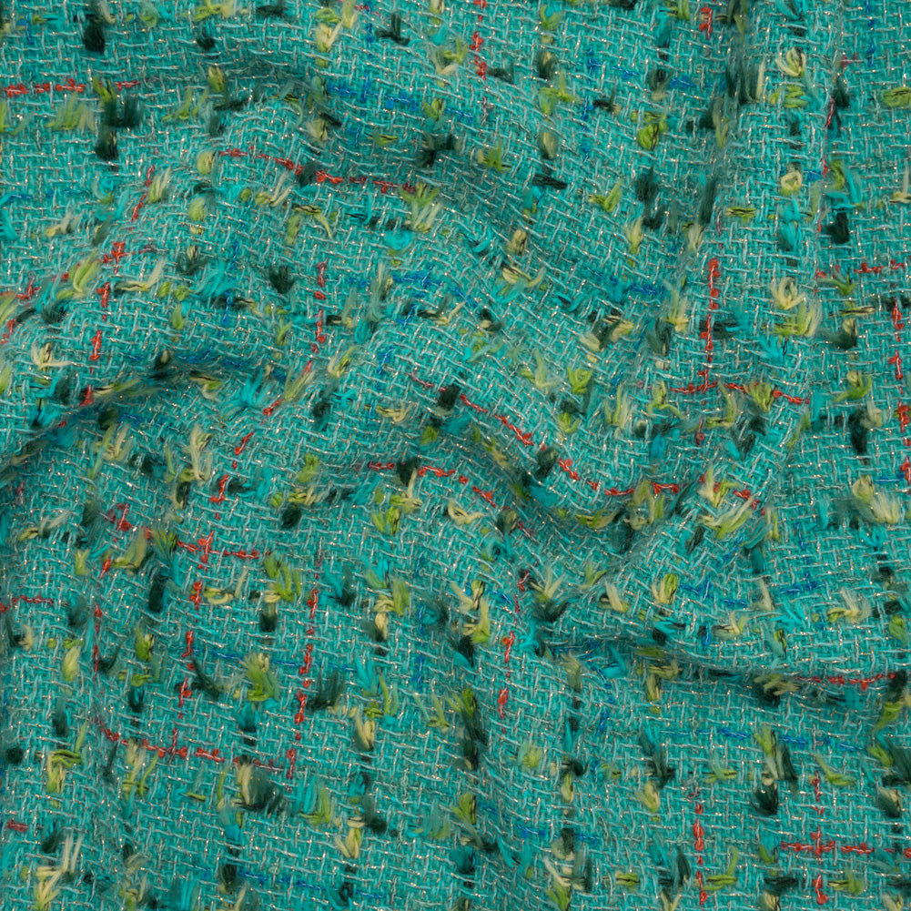 Metallic Wool Blend Tweed with Fringe-Like Inclusions Made in Italy - Teal, Green and Gold Checks - Deadstock Metallic Wool Blend Tweed with Fringe-Like Inclusions Made in Italy - Teal, Green and Gold Checks - Deadstock