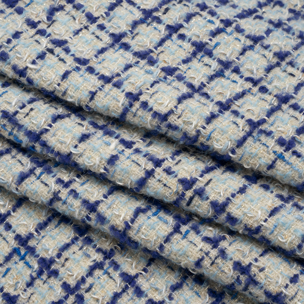 Metallic Wool Blend Tweed Boucle Made in Italy - Pale Gray, Cobalt and Sky Blue Plaid - Deadstock Metallic Wool Blend Tweed Boucle Made in Italy - Pale Gray, Cobalt and Sky Blue Plaid - Deadstock