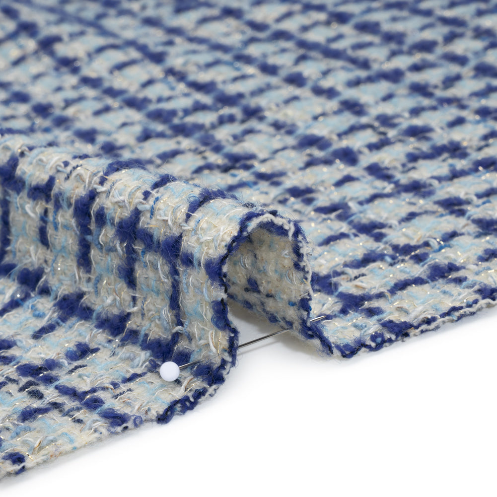 Metallic Wool Blend Tweed Boucle Made in Italy - Pale Gray, Cobalt and Sky Blue Plaid - Deadstock Metallic Wool Blend Tweed Boucle Made in Italy - Pale Gray, Cobalt and Sky Blue Plaid - Deadstock