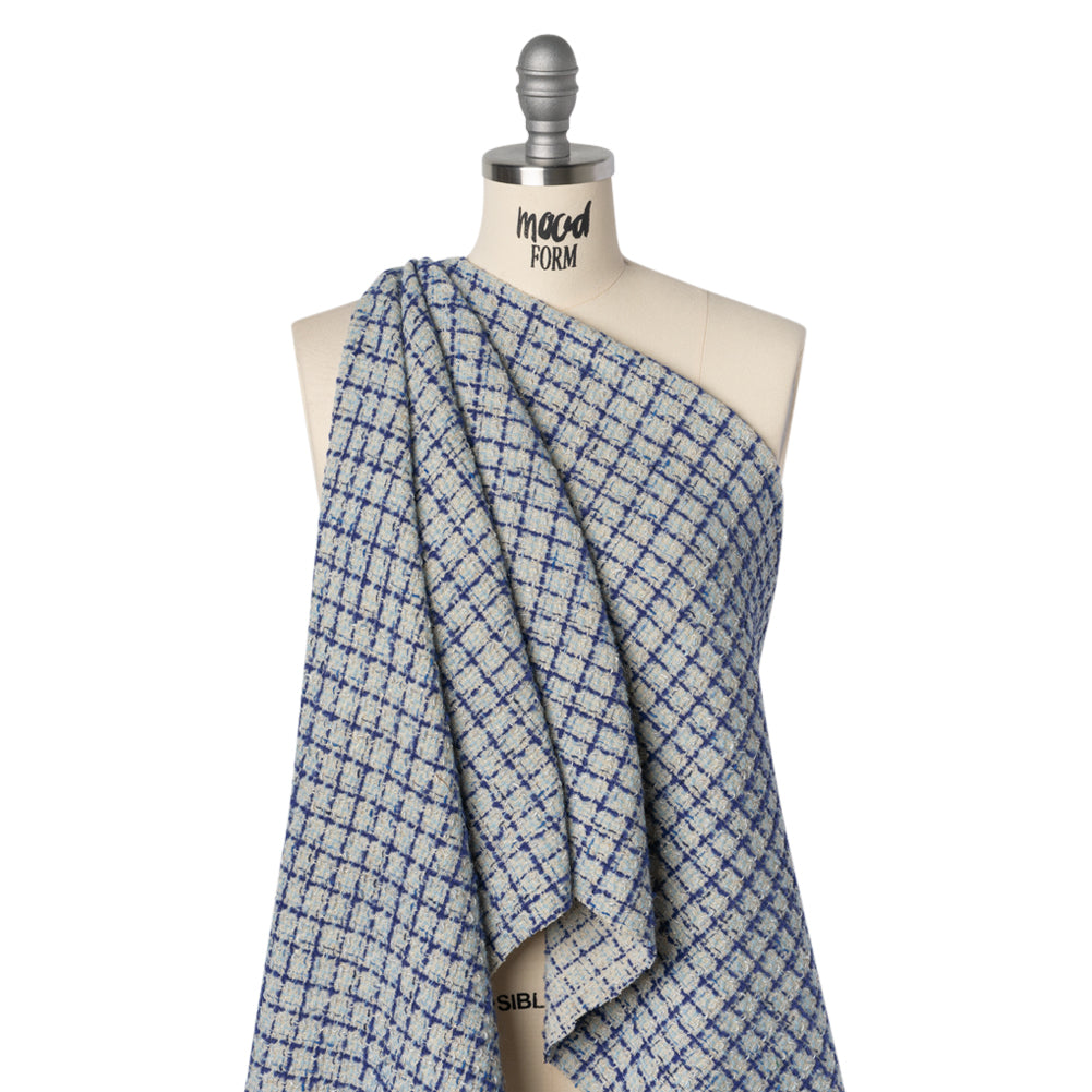 Metallic Wool Blend Tweed Boucle Made in Italy - Pale Gray, Cobalt and Sky Blue Plaid - Deadstock Metallic Wool Blend Tweed Boucle Made in Italy - Pale Gray, Cobalt and Sky Blue Plaid - Deadstock
