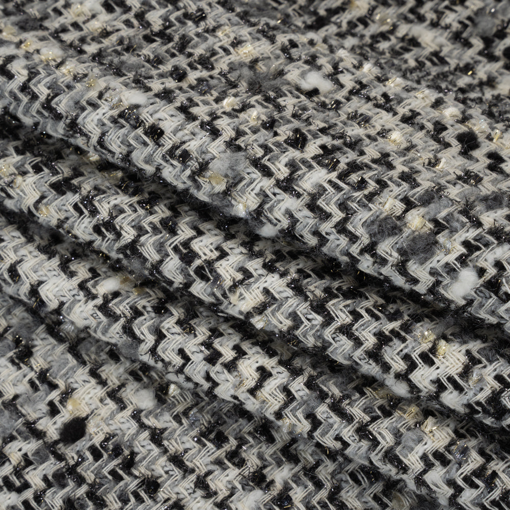 Wool Blend Boucle Tweed with Metallic Eyelash Fringe Made in Italy - Black, White and Gray Plaid - Deadstock Wool Blend Boucle Tweed with Metallic Eyelash Fringe Made in Italy - Black, White and Gray Plaid - Deadstock