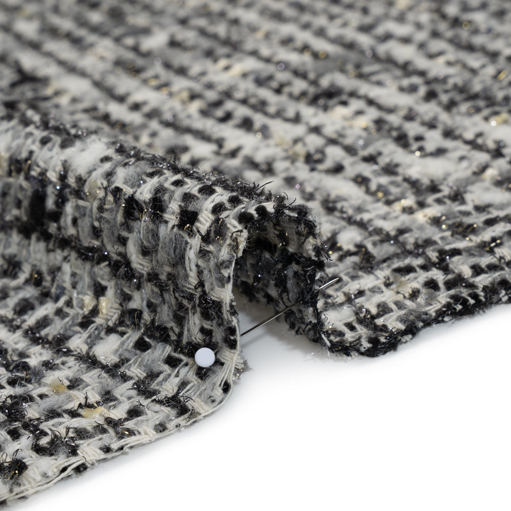 Wool Blend Boucle Tweed with Metallic Eyelash Fringe Made in Italy - Black, White and Gray Plaid - Deadstock Wool Blend Boucle Tweed with Metallic Eyelash Fringe Made in Italy - Black, White and Gray Plaid - Deadstock