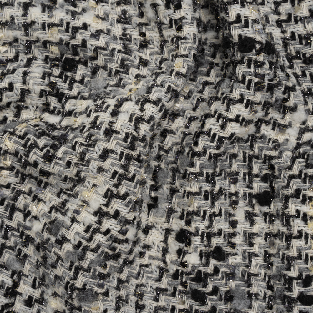 Wool Blend Boucle Tweed with Metallic Eyelash Fringe Made in Italy - Black, White and Gray Plaid - Deadstock Wool Blend Boucle Tweed with Metallic Eyelash Fringe Made in Italy - Black, White and Gray Plaid - Deadstock