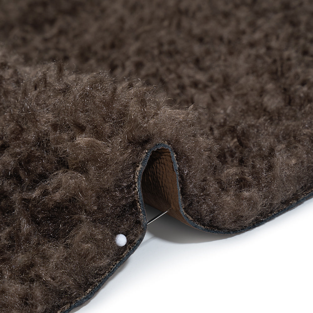 Recycled Polyester Faux Shearling with Antiqued Leather Backing - Dark Brown Detail Recycled Polyester Faux Shearling with Antiqued Leather Backing - Dark Brown Detail