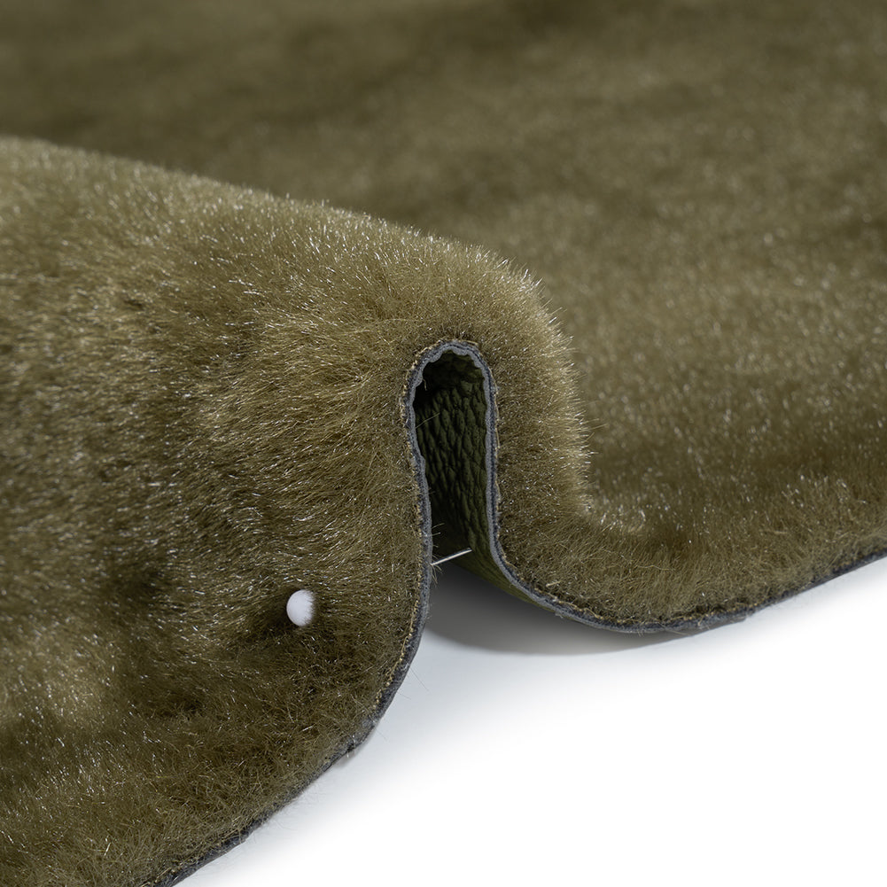 Recycled Polyester Faux Fur with Pebbled Faux Leather Backing - Olive Detail Recycled Polyester Faux Fur with Pebbled Faux Leather Backing - Olive Detail