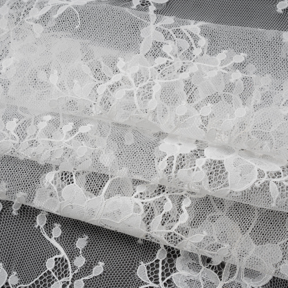 Re-Embroidered Lace with Scalloped Border - White Rose Bunches Re-Embroidered Lace with Scalloped Border - White Rose Bunches