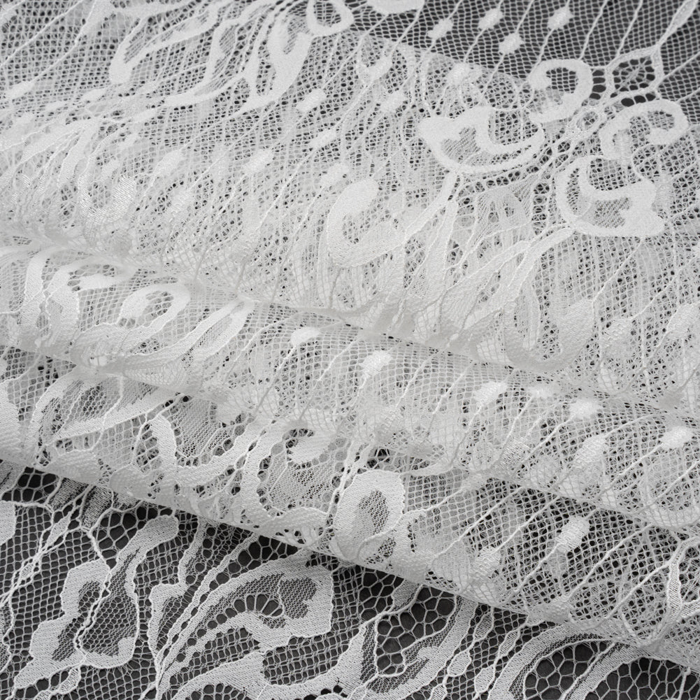 Luminous Re-Embroidered Lace with Finished Scalloped Edges and Eyelash Fringe - White Abstract Swirls Luminous Re-Embroidered Lace with Finished Scalloped Edges and Eyelash Fringe - White Abstract Swirls