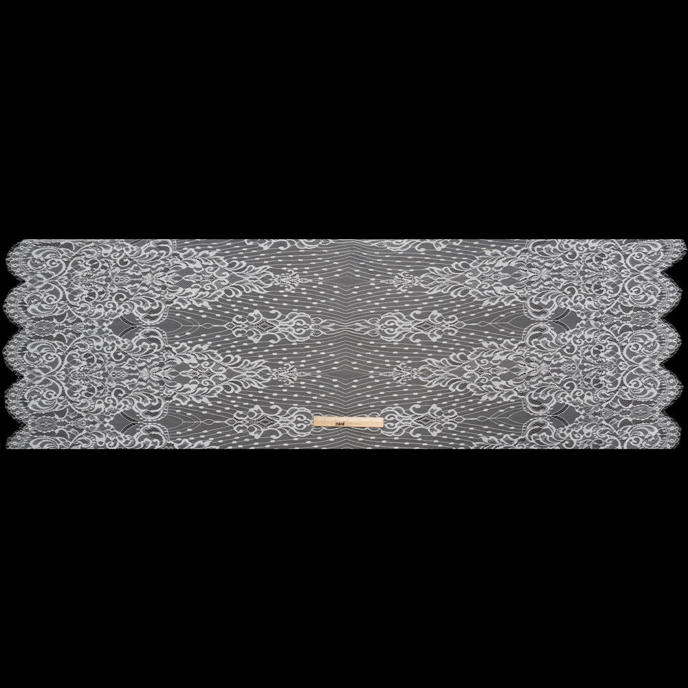 Luminous Re-Embroidered Lace with Finished Scalloped Edges and Eyelash Fringe - White Abstract Swirls Luminous Re-Embroidered Lace with Finished Scalloped Edges and Eyelash Fringe - White Abstract Swirls