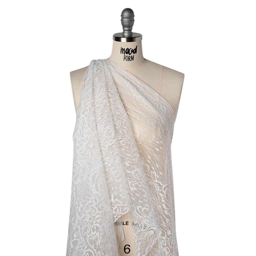 Luminous Re-Embroidered Lace with Finished Scalloped Edges and Eyelash Fringe - White Abstract Swirls Luminous Re-Embroidered Lace with Finished Scalloped Edges and Eyelash Fringe - White Abstract Swirls