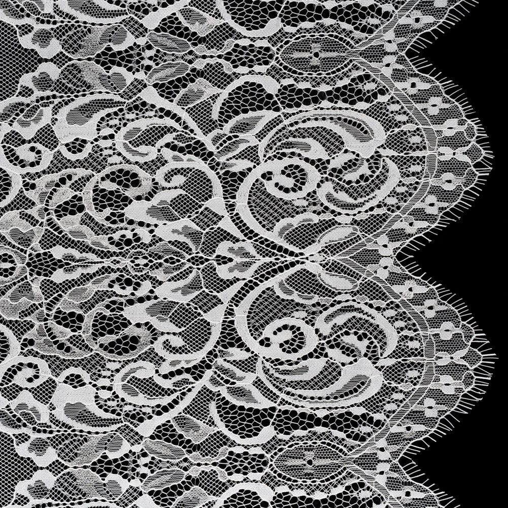 Luminous Re-Embroidered Lace with Finished Scalloped Edges and Eyelash Fringe - White Abstract Swirls Luminous Re-Embroidered Lace with Finished Scalloped Edges and Eyelash Fringe - White Abstract Swirls