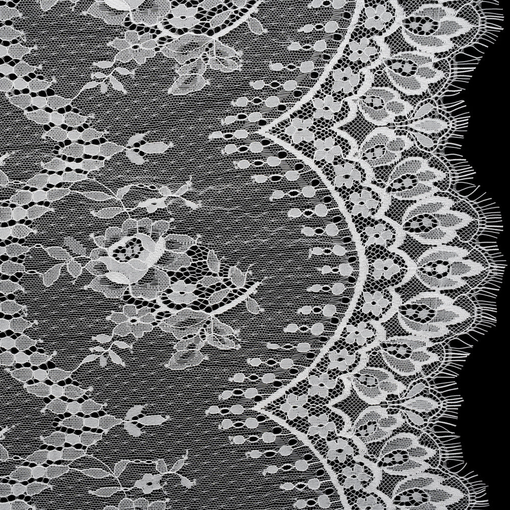 Luminous Re-Embroidered Lace with Finished Scalloped Edges and Eyelash Fringe - Bright White Floral Scallops Luminous Re-Embroidered Lace with Finished Scalloped Edges and Eyelash Fringe - Bright White Floral Scallops