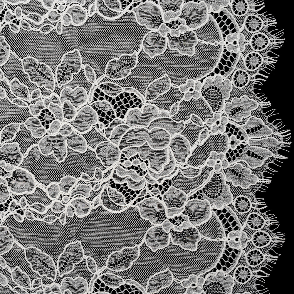 Re-Embroidered Chantilly Lace with Finished Scalloped Edges - Off White Floral Garlands Re-Embroidered Chantilly Lace with Finished Scalloped Edges - Off White Floral Garlands
