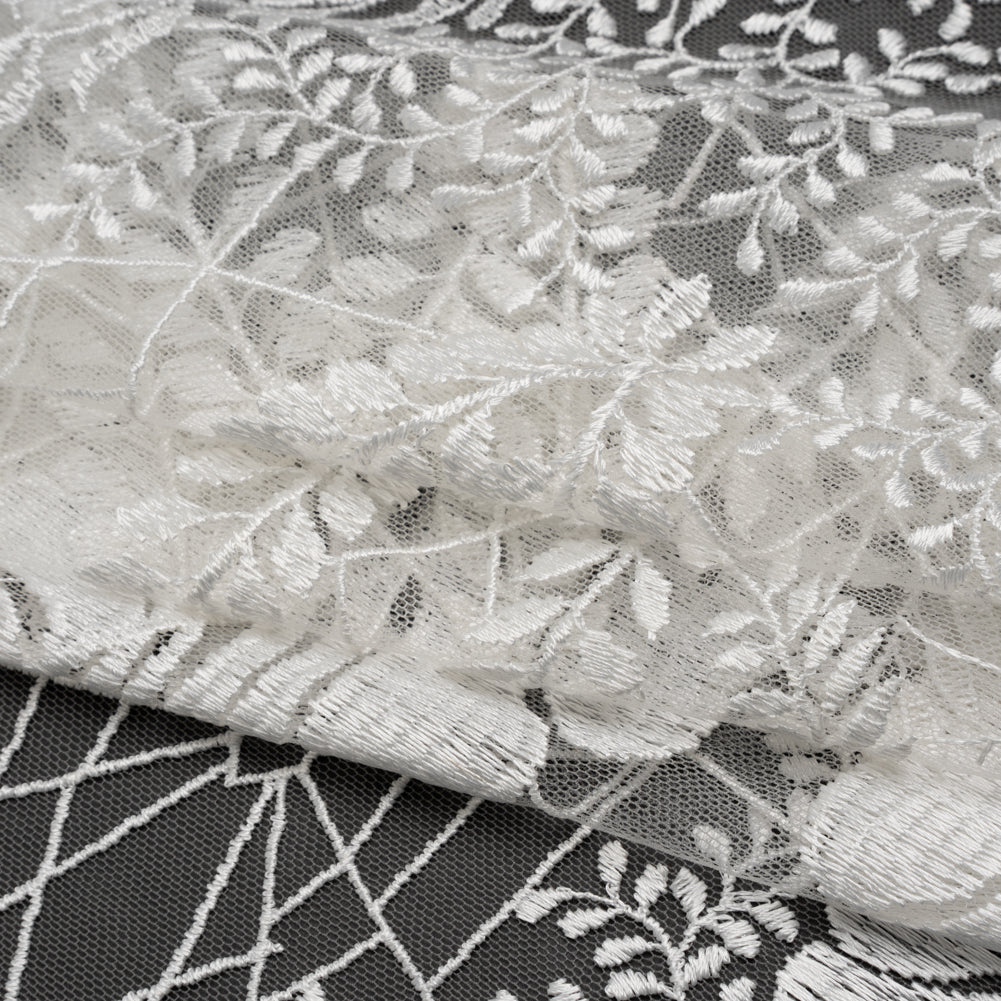 Embroidered Lace Tulle with Finished Scalloped Edges - Off White Fern Leaves, Plants and Spider Webs Embroidered Lace Tulle with Finished Scalloped Edges - Off White Fern Leaves, Plants and Spider Webs