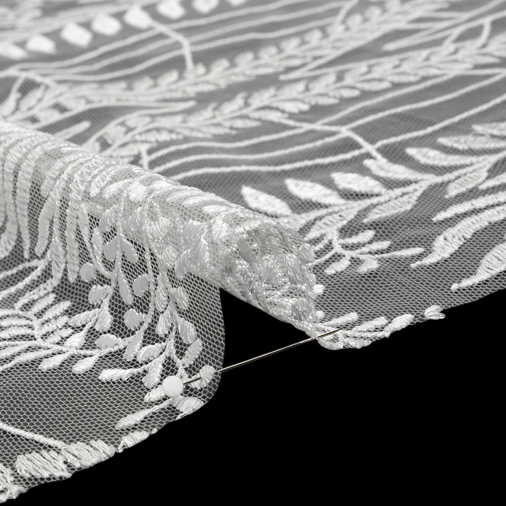 Embroidered Lace Tulle with Finished Scalloped Edges - Off White Fern Leaves, Plants and Spider Webs Embroidered Lace Tulle with Finished Scalloped Edges - Off White Fern Leaves, Plants and Spider Webs