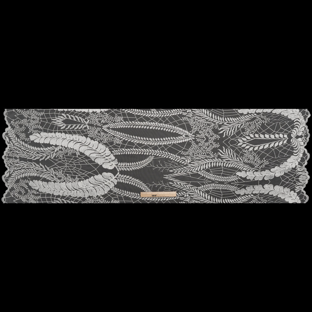 Embroidered Lace Tulle with Finished Scalloped Edges - Off White Fern Leaves, Plants and Spider Webs Embroidered Lace Tulle with Finished Scalloped Edges - Off White Fern Leaves, Plants and Spider Webs