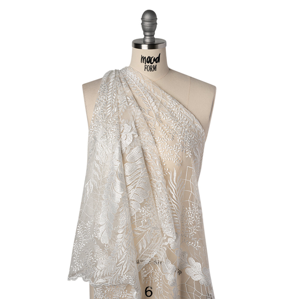 Embroidered Lace Tulle with Finished Scalloped Edges - Off White Fern Leaves, Plants and Spider Webs Embroidered Lace Tulle with Finished Scalloped Edges - Off White Fern Leaves, Plants and Spider Webs